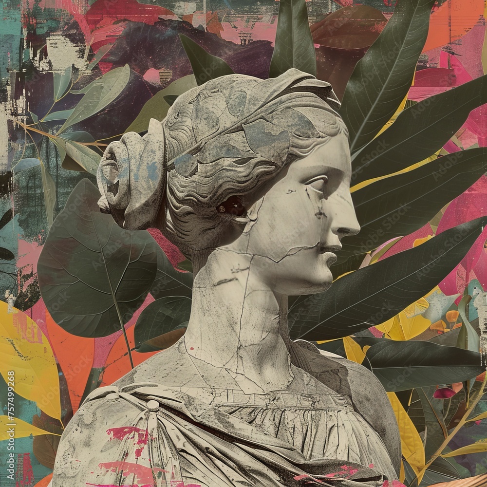 Obraz premium Collage with antique female sculpture and colourful different 3d Color elements design