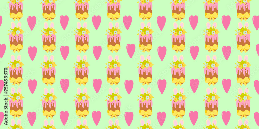 Cute hand drawn Easter seamless pattern with cakes, hearts, Easter eggs, beautiful background, great for Easter Cards, banner, textiles, wallpapers - vector design Cute hand drawn Easter seamless pattern with cakes, hearts, Easter eggs, beautiful background, great for Easter Cards, banner, textiles, wallpapers - vector design