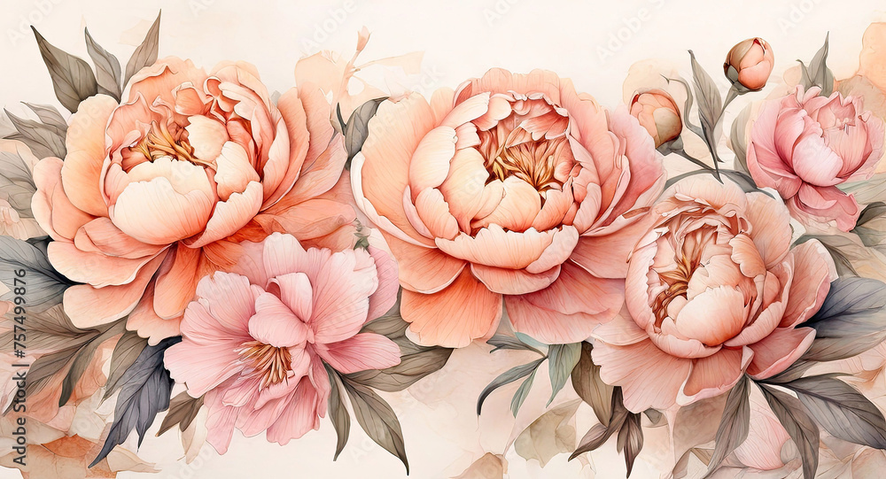 Peach and pink peonies painted in watercolor on a monochrome light background