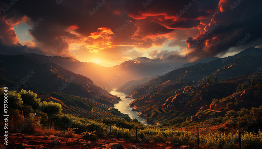 Tranquil sunset paints rural landscape, mountains reflect in peaceful water generated by AI