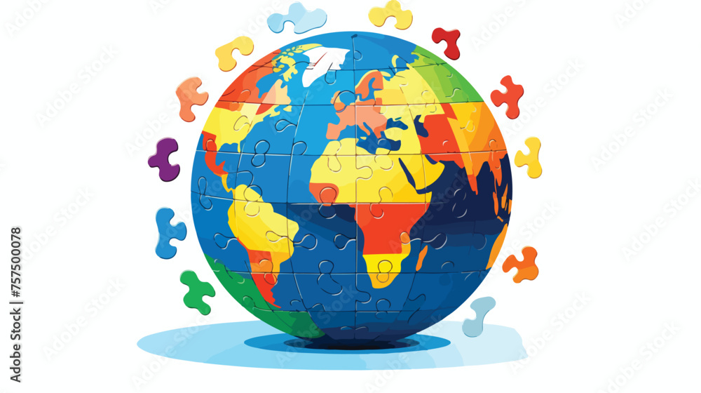 Flat icon A globe with puzzle pieces fitting togeth