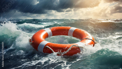 Lifebuoy floating in a stormy sea. Blue ocean water. World Rescue day concept.