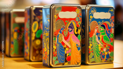 Colorful Traditional Indian Artwork on Decorative Tins Lined Up in a Store