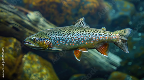 trout fish swimming in blue green water in stream.