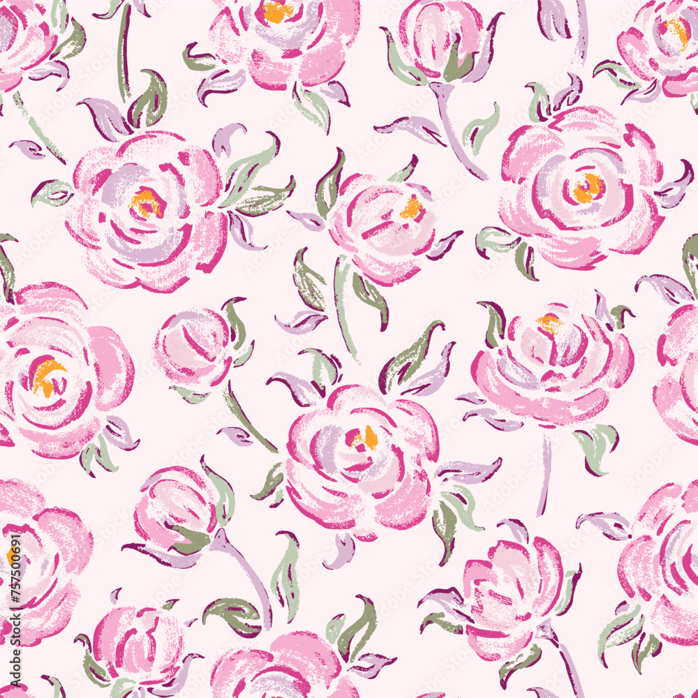 Painting Pink Roses Floral Seamless Pattern. Rose Flower Bouquets Vector Background. Vintage Flowers and Leaves. 