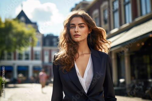 A refined young woman, a sophisticated brunette in stylish classic clothes, a white shirt and black blazer jacket, gracefully walks along a European city street. Concept of quiet luxury, elegance © Garnar