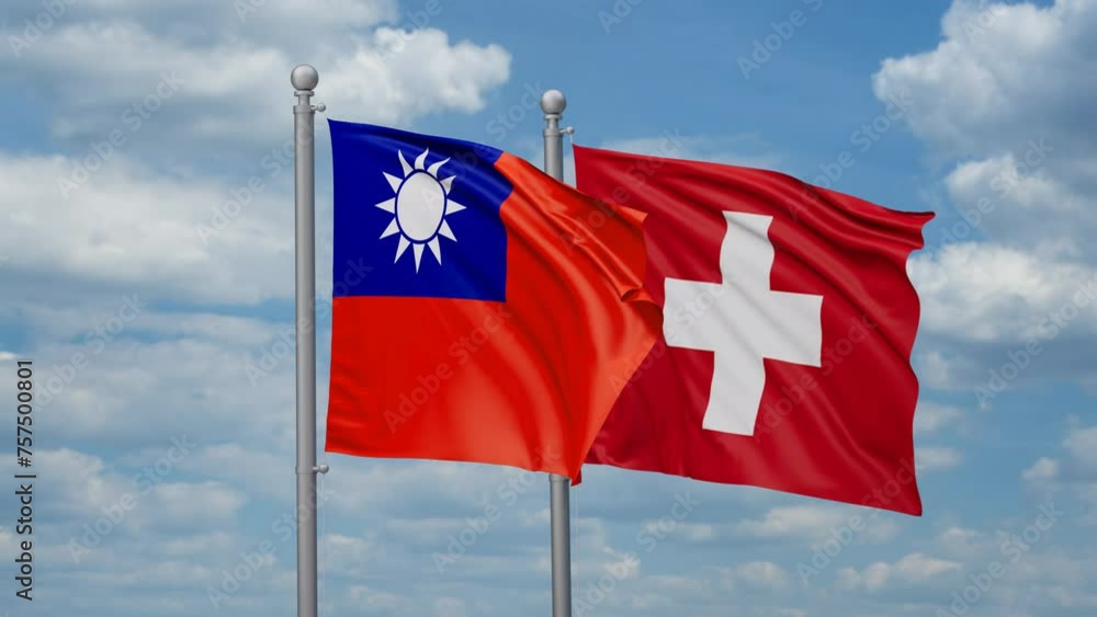 Switzerland and Taiwan two flags waving together, looped video, two country cooperation concept Switzerland and Taiwan two flags waving together, looped video, two country cooperation concept