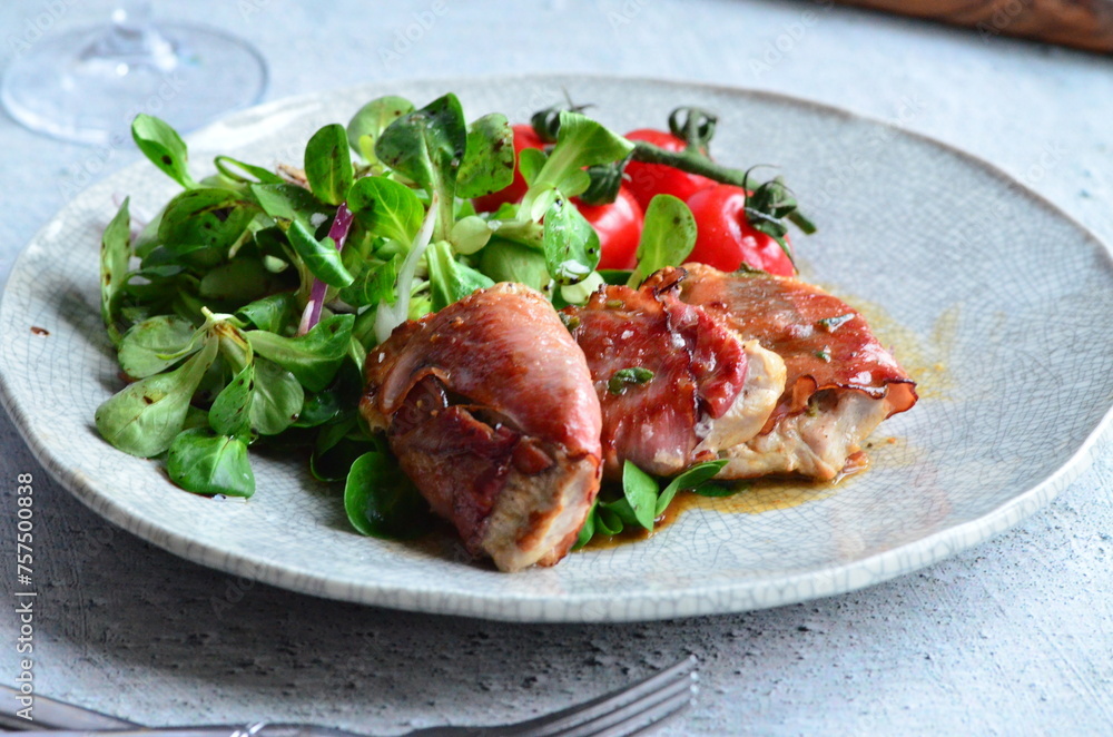 beautiful background of food served on a rustic plate, italian cuisine, veal saltimbocca, mixed salad, close up view, beautiful background of food served on a rustic plate, italian cuisine, veal saltimbocca, mixed salad, close up view,