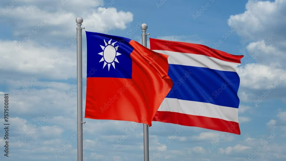 Kingdom of Thailand and Taiwan two flags waving together, looped video, two country cooperation concept Kingdom of Thailand and Taiwan two flags waving together, looped video, two country cooperation concept