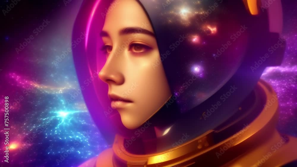 A golden teenage astronaut floats in the abyss of space, surrounded by a cosmic ocean of galaxies and nebulae forming unique constellations A golden teenage astronaut floats in the abyss of space, surrounded by a cosmic ocean of galaxies and nebulae forming unique constellations