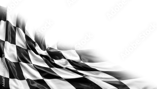 Checkered black and white racing flag on white. Copy space photo