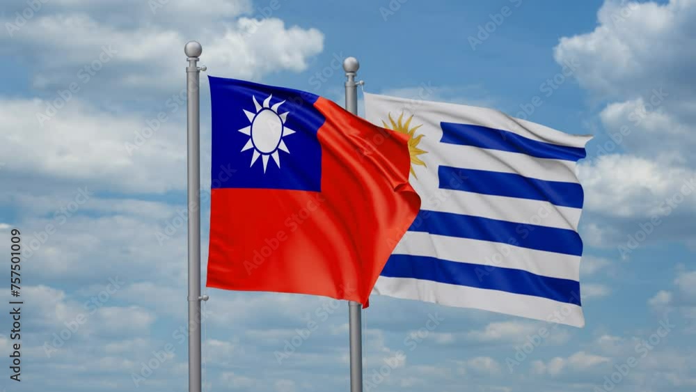 Uruguay and Taiwan two flags waving together, looped video, two country cooperation concept Uruguay and Taiwan two flags waving together, looped video, two country cooperation concept