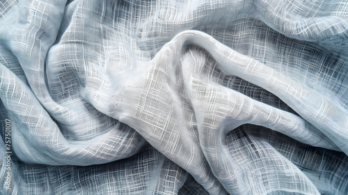Crumpled soft white fabric with a delicate linear pattern, portraying softness and subtlety