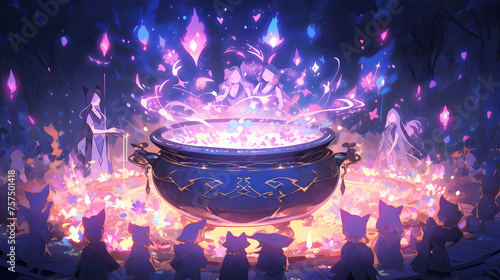 the spellbinding moment of a witch's potion brewing in a mystical cauldron, surrounded by magical ingredients and glowing crystals, Illustration, digital art Generative AI