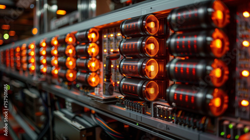 Orange-lit server racks with cables and digital displays.