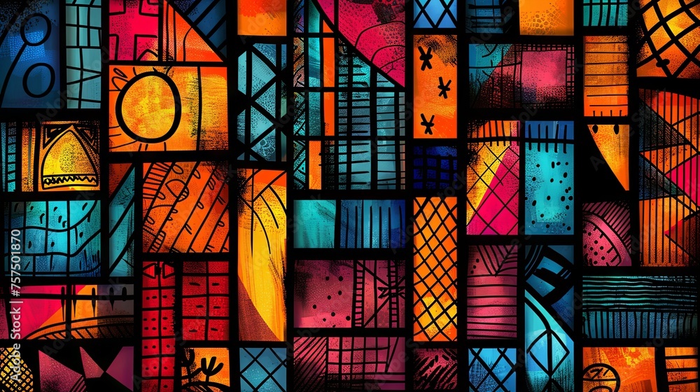 A bold and intricate tribal motif captured in the timeless technique of stained glass, showcasing a vivid color palette. A bold and intricate tribal motif captured in the timeless technique of stained glass, showcasing a vivid color palette.