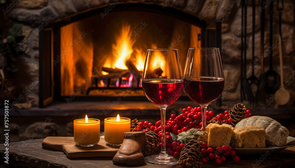 A fireplace with a couple of glasses of red wine and candles A fireplace with a couple of glasses of red wine and candles
