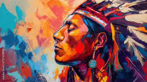 A colorful painting of a Native American Indian portrait, wearing a headdress with feathers in profile view against a colorful background