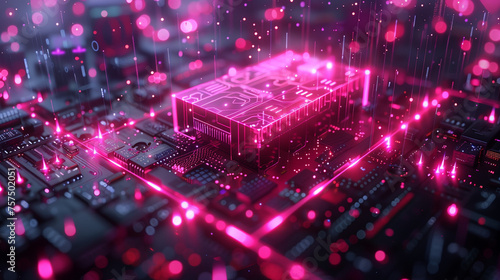 Glowing pink circuitry on a computer chip.