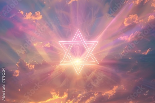 A photo of the Star Of David shining in an ethereal sky, with rays radiating from it Generative AI photo
