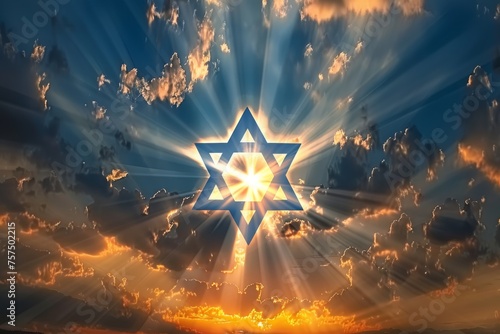 A beautiful sky with the Star of David shining in it, with rays radiating from behind and below A feeling that symbolizes hope for an impending dawn after a long night Generative AI