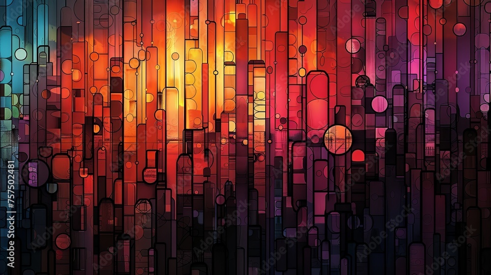 A captivating abstract cityscape portrayed in a mosaic of stained glass, reflecting the warm glow of dusk.