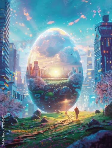Fantastical egg-shaped portal in a cityscape - A surreal egg-shaped portal opens in a peaceful city, under a pink sky with cherry blossoms, inviting discovery