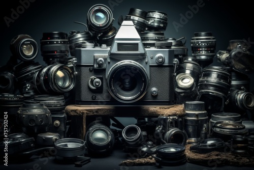 Stack of vintage cameras without inscriptions for photography and retro collectibles