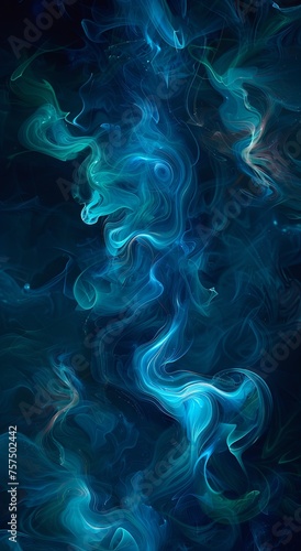 Swirling tendrils of blue and white smoke create a captivating abstract pattern on a deep dark background.