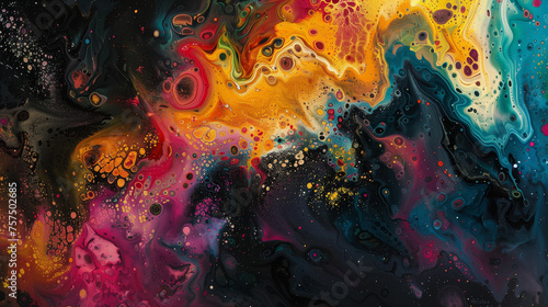 A mesmerizing abstract painting featuring a whirlwind of vibrant colors, including red, yellow, blue, and black, with dynamic swirls and bubbles creating a visually stunning cosmic effect. 