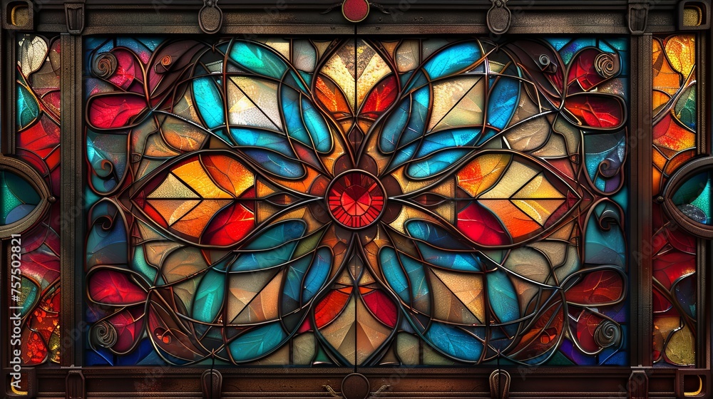Elegant geometric pattern with art deco influence, depicted in a stained glass style with golden and blue hues.
