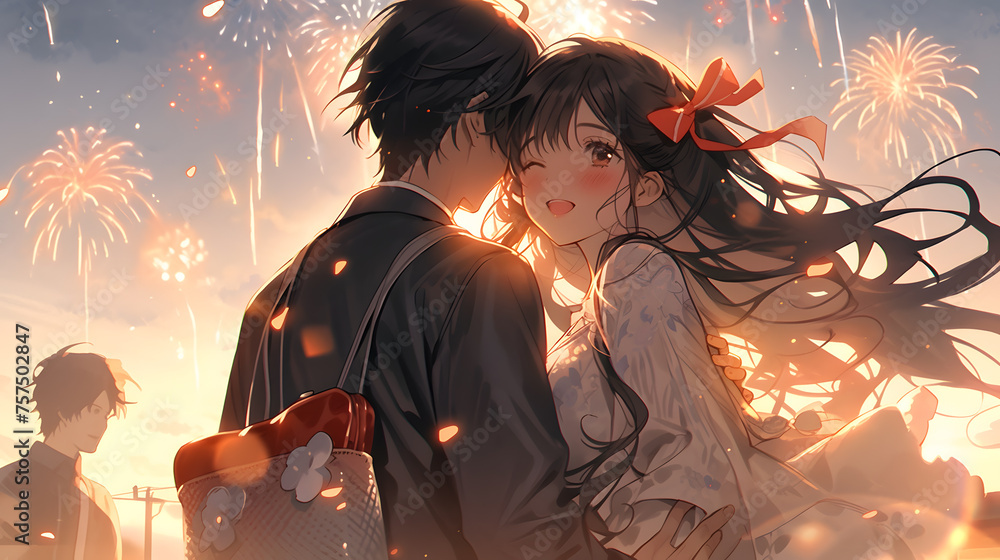 The sweet moment of a couple sharing a kiss under a sky filled with heart-shaped fireworks, the air filled with love and celebration, Generative AI The sweet moment of a couple sharing a kiss under a sky filled with heart-shaped fireworks, the air filled with love and celebration, Generative AI