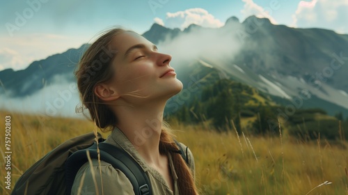 A serene woman inhaling the pure, fresh mountain air, stands amidst a tranquil natural setting, symbolizing a moment of mindfulness and self-care during a restorative hiking or meditation session
