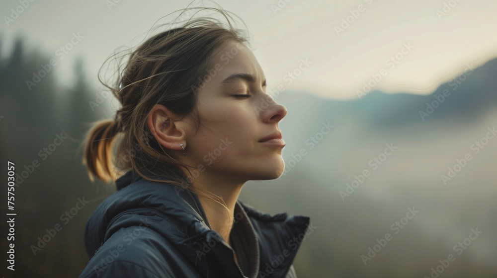A serene woman inhaling the pure, fresh mountain air, stands amidst a tranquil natural setting, symbolizing a moment of mindfulness and self-care during a restorative hiking or meditation session A serene woman inhaling the pure, fresh mountain air, stands amidst a tranquil natural setting, symbolizing a moment of mindfulness and self-care during a restorative hiking or meditation session