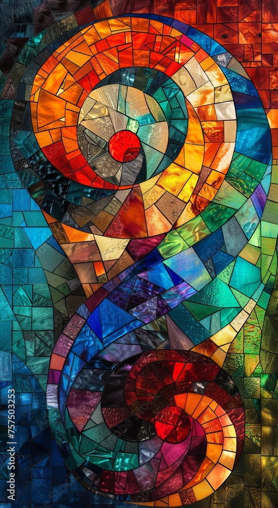 A striking spiral pattern within a stained glass design, featuring a spectrum of vibrant colors and dynamic shapes.