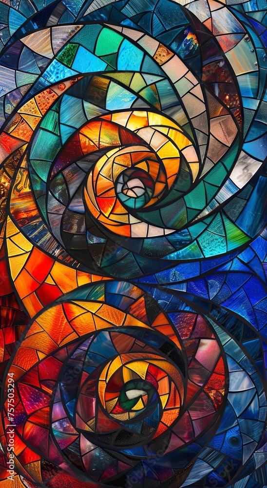 A striking spiral pattern within a stained glass design, featuring a spectrum of vibrant colors and dynamic shapes.