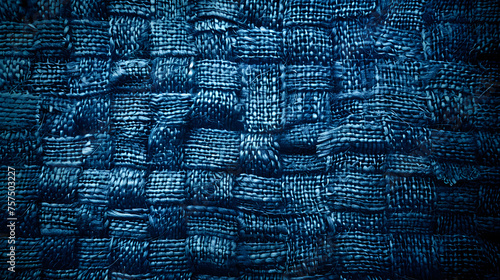 An image focused on the texture of a dark blue woven fabric, demonstrating the detailed pattern and depth of the material