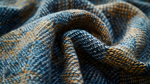 A visually appealing close-up image showing the detailed texture of a blue checked fabric, highlighting its vibrant patterns