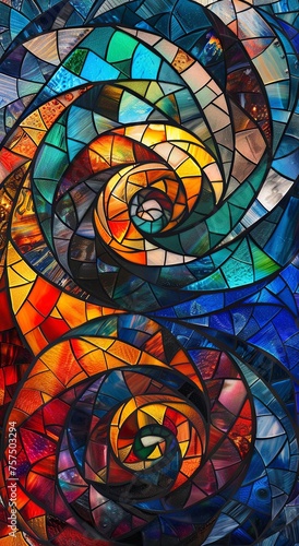 A striking spiral pattern within a stained glass design  featuring a spectrum of vibrant colors and dynamic shapes.