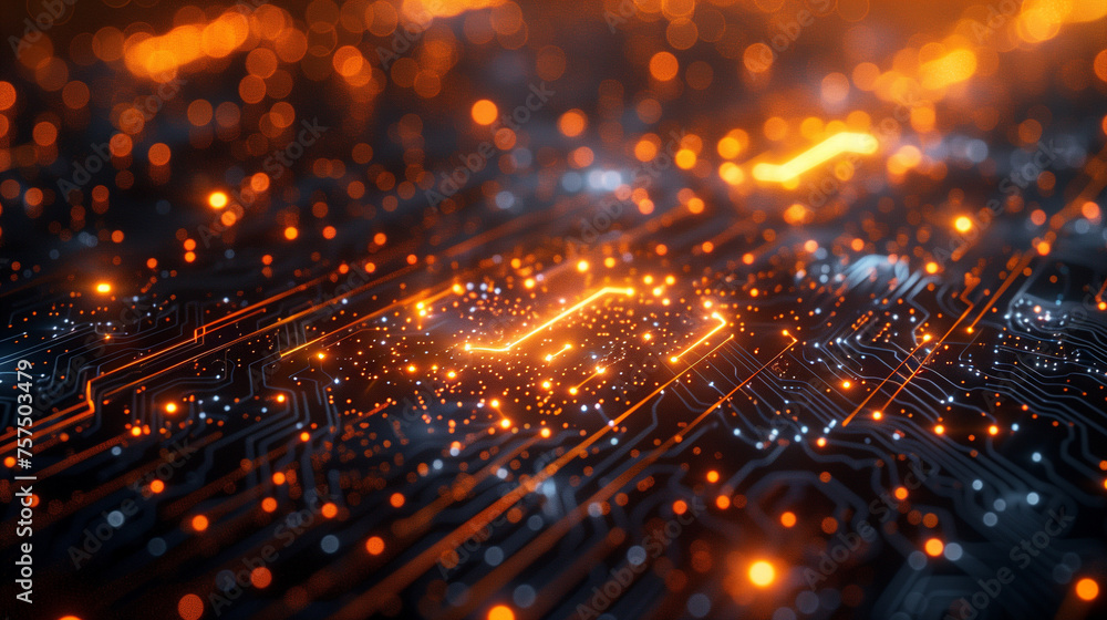 Close-up of an illuminated circuit board with glowing pathways Close-up of an illuminated circuit board with glowing pathways
