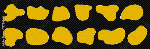 Kit of torn pieces of paper. Elements for collage. Abstract cutout organic blobs. Vector yellow shapes on transparent bg as a png.