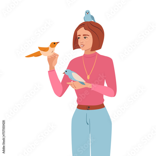 Young Woman Feeding and Holding Birds Vector Illustration. Pet owner