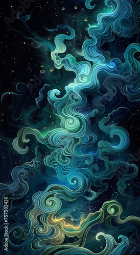 Swirling tendrils of blue and white smoke create a captivating abstract pattern on a deep dark background.