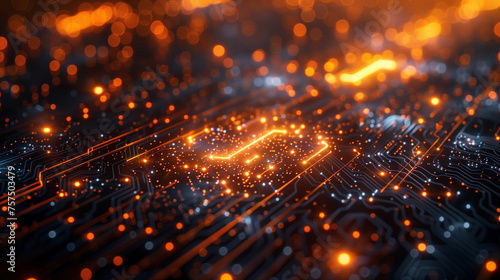Close-up of an illuminated circuit board with glowing pathways