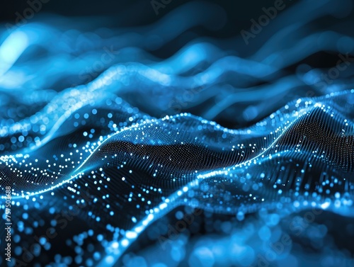 Abstract digital of a dynamic cyber wave featuring a with interconnected dots and lines. Futuristic AI technology concept. Dark background with a dynamic wave. AI. © Iryna
