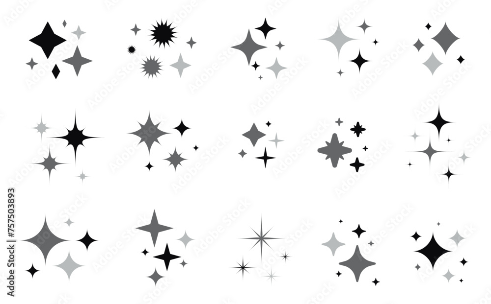 Sparkle star icons set. Stars and magic lights sparkles black silhouette set. Magic shine effect, starburst collection