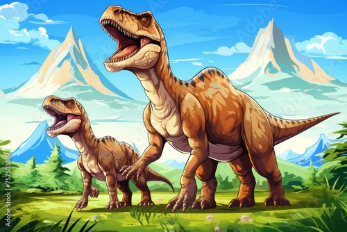 Prehistoric dinosaur era. dinosaurs in green grassland with blue sky, habitat and age © Oleg