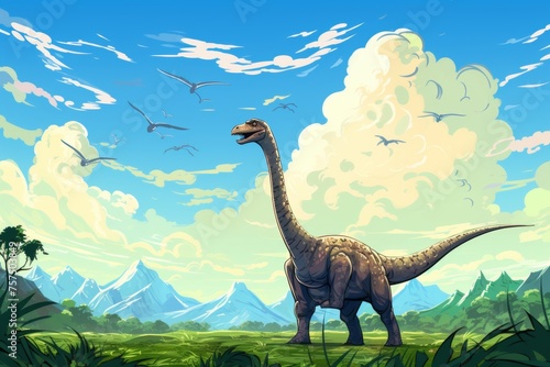 Dinosaurs in a vibrant green grassland with a blue backdrop, primeval dino habitat