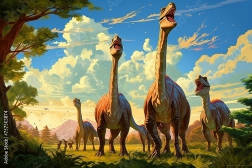 Prehistoric dinosaurs roaming in lush green grassland with blue sky background, jurassic era habitat