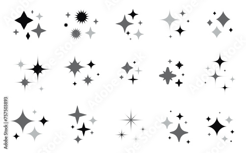 Sparkle star icons set. Stars and magic lights sparkles black silhouette set. Magic shine effect  starburst collection